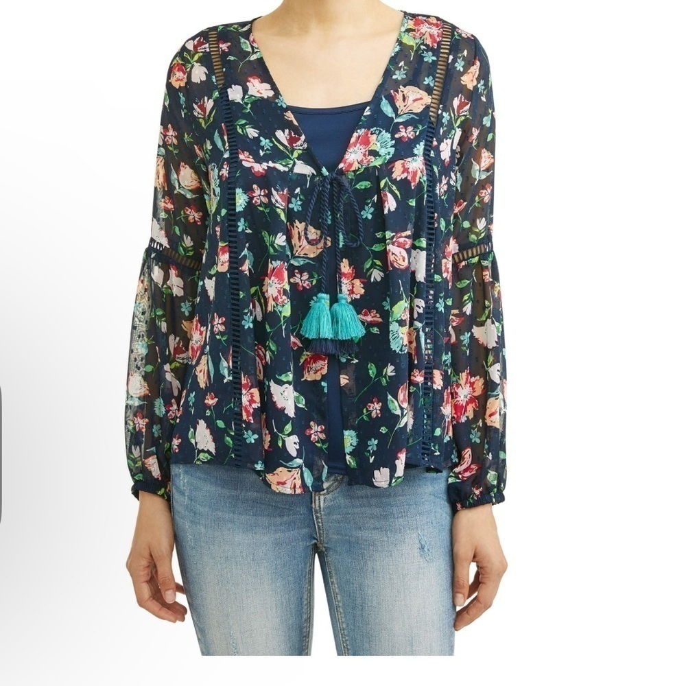 Time and Tru Women’s Sheer Balloon Sleeves Navy Floral Top Tassels Sz XL(16/18)